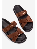 Dámské pantofle s pásky a zlatým sponou Hnědé Selorina