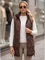 Dlouhá dámská prošívaná vesta s kapucí, hnědá, FashionStreet TY6013 Dlouhá dámská prošívaná vesta s kapucí, hnědá, FashionStreet TY6013