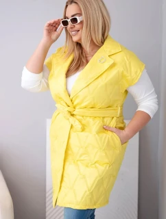 Dámská vesta Plus Size prošívaná s páskem a límcem žlutá