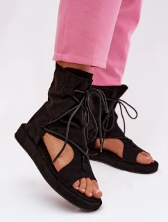 Dámské Sandály Eko Semišové S Vysokým Nártem a Zavazováním Černé Ferlisse