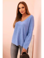 Dámský svetr s viskózou a výstřihem do V modrý