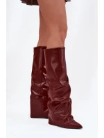 Zateplené dámské kozačky s vytočeným horním lemem na podpatku bordó Elivira