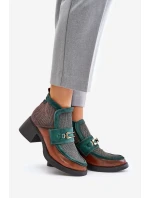 Kožené dámské kotníkové boty na masivním podpatku s ozdobou Maciejka A6747-29 hnědo-zelené