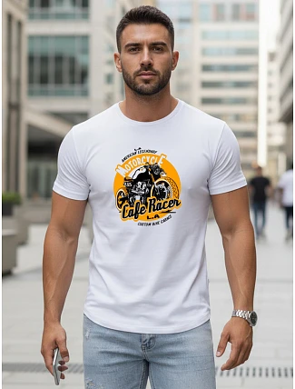 Pánské bavlněné tričko s potiskem motorky bílé FashionStreet NX5095R Pánské bavlněné tričko s potiskem motorky bílé FashionStreet NX5095R