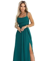 589-6 Maxi šaty bez ramínek s korzetovým zavazováním na zádech a rozparkem - lahvově zelené