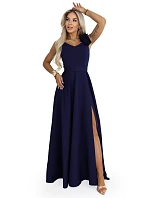 643-4 Elegantní večerní maxi šaty s rozparkem a růžemi - tmavě modré