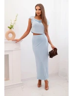Dámský komplet s blůzkou ozdobenou sponou a přiléhavou sukní modrý Dámský komplet s blůzkou ozdobenou sponou a přiléhavou sukní modrý