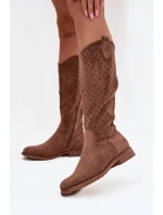 Dámské kozačky na ploché podrážce s perforovaným vzorem S.Barski HY52-531 hnědé
