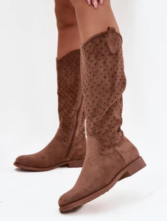 Dámské kozačky na ploché podrážce s perforovaným vzorem S.Barski HY52-531 hnědé