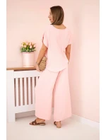 Viskózový komplet plisovaná halenka + kalhoty pudrově růžová