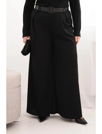 Dámské kalhoty Plus Size s širokou nohavicí a páskem černé