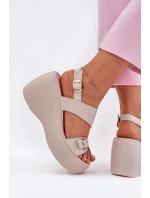 Kožené Dámské Sandály Na Klínku A Platformě S.Barski LR51-540 Béžové