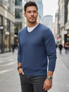 Pánský modrý svetr s výstřihem do V FashionStreet WX2317