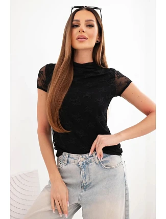 Dámská viskózová krajková halenka s krátkým rukávem a polo rolákem černá