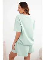 Dámský viskózový máslový komplet s krátkým rukávem a kraťasy s vysokým pasem tmavě mátová