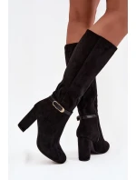 Dámské zateplené kozačky na sloupkovém podpatku se zlatou přezkou Seraphine – černé