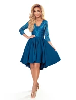 NICOLLE - Dámské šaty v mořské barvě s delším zadním dílem a s krajkovým výstřihem 210-14