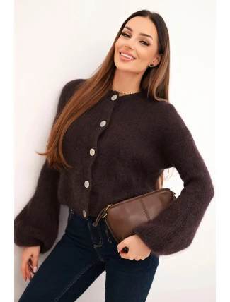 Dámský svetr s mohérem na knoflíky s nafouknutým rukávem hnědý Dámský svetr s mohérem na knoflíky s nafouknutým rukávem hnědý
