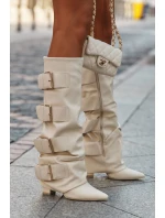 Dámské kozačky na sloupkovém podpatku s ohrnovaným svrškem a zlatými přezkami Isavelle – světle béžové