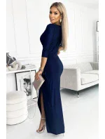 404-2 Třpytivé dlouhé šaty s výstřihem a rozparkem na nohou - GRANITE se třpytkami