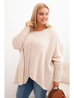 Dámský svetr Plus Size z akrylu volného střihu s rukávem 3/4 béžový