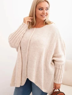 Dámský svetr Plus Size z akrylu volného střihu s rukávem 3/4 béžový