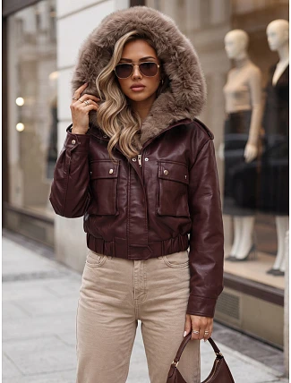 Dámská zimní kožená bunda s kožešinou, bordová, FashionStreet TY5977 Dámská zimní kožená bunda s kožešinou, bordová, FashionStreet TY5977