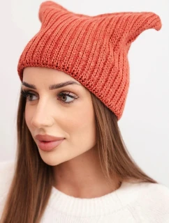 Dámská zimní čepice z vlny s kočičím střihem z ribované pleteniny K419 rezavá