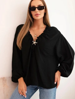 Dámská blůza s viskózou, s nařaseným výstřihem a ozdobou černá