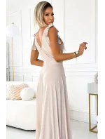 405-6 ELENA Dlouhé šaty s výstřihem a zavazováním na ramenou - béžové s brokátem
