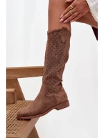 Dámské kozačky na plochém podpatku s prolamovaným vzorem S.Barski – hnědé Dámské kozačky na plochém podpatku s prolamovaným vzorem S.Barski – hnědé