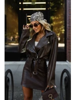 626-4 Bunda z měkké ekokůže ramon s páskem a asymetrickým zipem - hnědá