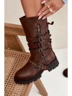 Zateplené dámské kozačky s pásky a přezkami hnědé Ivaline