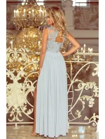 Dlouhé dámské šaty ve stříbrné barvě bez rukávů a s vyšívaným výstřihem model 6405966