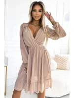 538-1 MILA Šifonové midi šaty s dlouhými rukávy a výstřihem - BEACH 538-1 MILA Šifonové midi šaty s dlouhými rukávy a výstřihem - BEACH