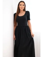 Dámské bavlněné midi šaty s krátkým rukávem a rozšířeným spodkem černá