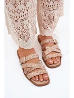 Ozdobené dámské sandály na plochém podpatku se pásky a sponou béžové Manitte