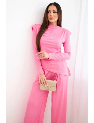 Dámský bavlněný komplet s blůzkou a kalhotami s širokým nohavicí světle růžový