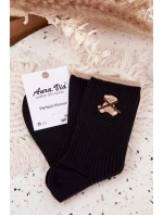 Bavlněné žebrované ponožky s medvídkem – černé