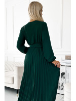 Plisované midi šaty s výstřihem, dlouhými rukávy a širokým páskem Numoco VIVIANA - lahvově zelené Velikost: UNI