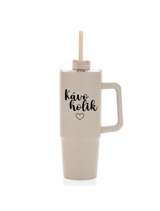 KÁVOHOLIK - béžový cestovní termohrnek s průhledným víčkem 900 ml