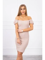 Pruhované nařasené šaty tmavě béžové