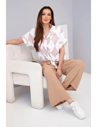 Komplet dámský viskózový košile s vázáním a kalhoty s gumou mátová