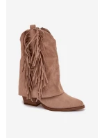 Dámské kotníkové kozačky – kovbojky se třásněmi na sloupku Gralina – khaki Dámské kotníkové kozačky – kovbojky se třásněmi na sloupku Gralina – khaki