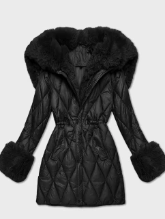 Černá bunda s kožešinovou kapucí, která tvoří límec (T3-2635#-1)