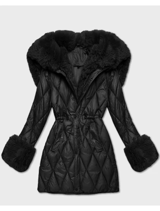Černá bunda s kožešinovou kapucí, která tvoří límec (T3-2635#-1)