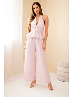 Dámský viskózový komplet top na zavazování a kalhoty se širokou nohavicí růžový