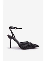 Dámské sandály na podpatku zdobené flitry a korálky Černé Nedira