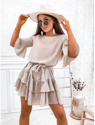 Béžové dámské bavlněné šaty s volánky (8292) Béžové dámské bavlněné šaty s volánky (8292)