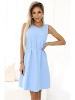 296-12 VICTORIA Trapézové šaty bez rukávů s páskem - MODRÉ